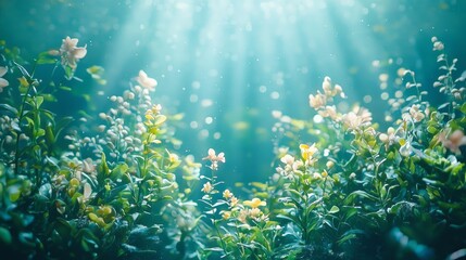 Poster - Sunlight pierces through the water, revealing lush underwater flora dancing gently. Colorful flowers and lush greenery create a vibrant habitat, inviting exploration and wonder