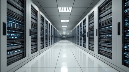 Poster - Inside a contemporary server room, an intricate network of blue and white lights weaves through rows of servers