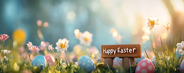 Wall Mural - Happy easter greeting card with colorful eggs and flowers in a sunny spring meadow