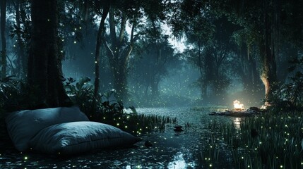 night jungle forest with swamp and firefly vector background. fantasy game landscape with tree, pond