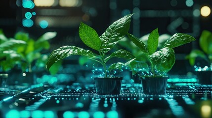Poster - A futuristic representation of biotechnology, where DNA and plant growth merge in a digital ecosystem, reflecting cutting-edge scientific progress.