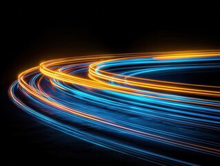Poster - Dynamic blue and yellow light streaks forming wavelike patterns on black background for visual art and design inspiration