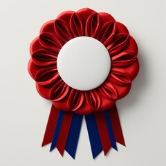 Red rosette badge with a blank white circular center and two blue ribbon tails, ideal for awards, certificates, or decorative purposes.