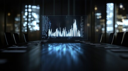 Aufkleber - Modern Conference Room with Digital Screen Displaying Data Analytics and City Skyline Reflections at Night, Symbolizing Business Strategy and Innovation