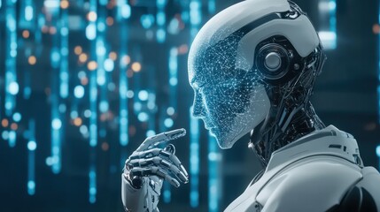 Poster - Futuristic humanoid robot in a digital landscape pondering artificial intelligence and technology advancements, showcasing intricate details and cybernetic features in a virtual environment.