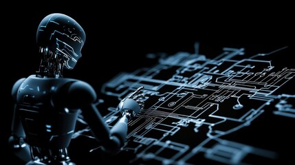 Poster - Futuristic Android Analyzing Complex Data Networks with Neon Circuit Patterns on Dark Background in a High-Tech Digital Environment