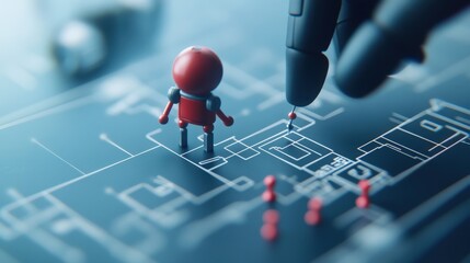 Poster - Tiny Red Figure Standing on Blueprint While Human-Like Hand Points at Design, Representing Engineering, Technology, and Innovative Ideas in Modern Planning