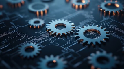 Poster - Intricate Network of Interconnected Cogs and Gears on a Dark Circuit Board Background, Symbolizing Technology, Innovation, and Mechanical Engineering Dynamics