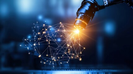 Fototapete - Advanced Robotic Arm Interacting with Futuristic Network of Connected Nodes in a High-Tech Digital Environment