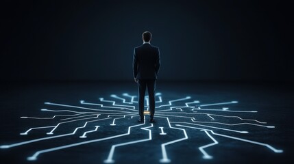 Poster - Businessman Standing on a Futuristic Circuit Board Design Representing Technology, Innovation, and Digital Transformation in a Dark Environment
