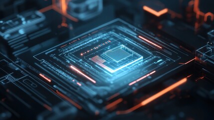 Fototapete - Futuristic Abstract Digital Technology Concept Featuring a Microchip with Blue and Orange Glowing Elements on a Dark Background for High-Tech Illustrations or Presentations