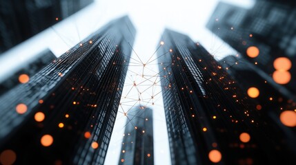 Fototapete - Abstract view of modern skyscrapers with glowing network connections illustrating technology, innovation, and urban development in a futuristic cityscape environment