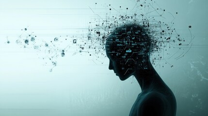 Poster - Conceptual Illustration of Human Brain with Technology and Data Representations, Symbolizing Artificial Intelligence, Innovation, and Digital Transformation in Modern Society