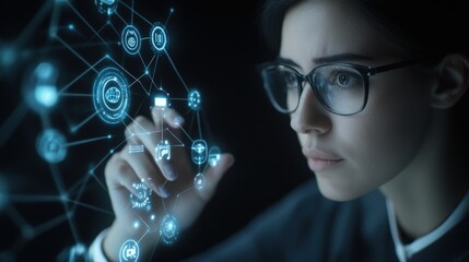 Poster - Woman in Glasses Analyzing Futuristic Data Visualization with Digital Interface Icons Representing Technology, Innovation, and Connectivity in a Dark Environment