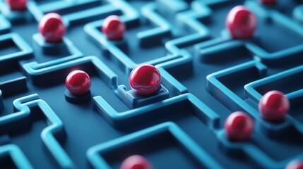Aufkleber - Abstract maze with luminous blue pathways and glossy red spheres, representing challenges, navigation, and strategic thinking in a modern digital landscape