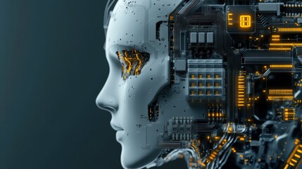 Poster - Futuristic Cyborg Head with Intricate Circuitry and Illuminated Components, Representing Advanced Technology and Artificial Intelligence Concepts