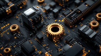 Poster - Intricate Close-Up of a Modern Computer Circuit Board Featuring Golden Gears and High-Tech Components with an Emphasis on Technology and Innovation