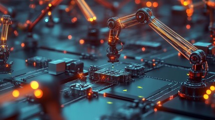 Poster - Advanced robotic arms assembling electronic components in a high-tech manufacturing environment showcasing intricate details and glowing elements of technology