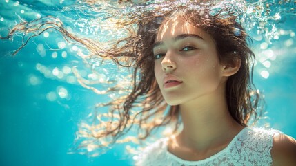 Poster - A young woman floats gracefully beneath the water, her long hair swirling around her. Sunlight filters through, creating a dreamy, ethereal atmosphere that envelops her
