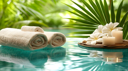 Poster - Towel and candle placed on a wooden table in a calm and serene setting