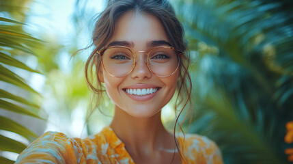 Wall Mural - young woman smiles while taking selfie in tropical setting, surrounded by lush green foliage. Her glasses and bright outfit add to cheerful atmosphere