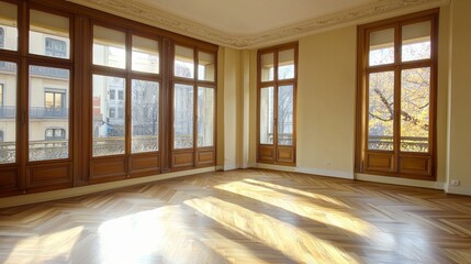 Poster - Expansive renovated room featuring large windows that invite sunlight and provide a serene view of the outdoors, elegantly designed with intricate woodwork and polished flooring