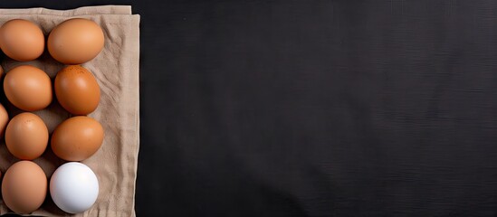 Poster - Top view of a black background featuring a carton of brown eggs and a white egg on a beige towel with ample copy space on the right side