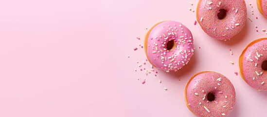 Poster - Pink frosted donuts with sprinkles arranged on a light pink background, showcasing a sweet and playful dessert aesthetic, ideal for food advertising.