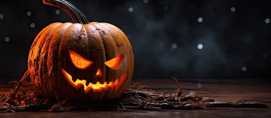 Poster - Carved pumpkin with glowing sinister face positioned centrally on wooden surface with dark background highlighting eerie Halloween ambiance