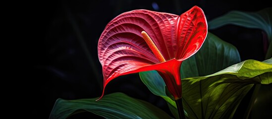 Aufkleber - Red anthurium flower in full bloom displaying glossy petals and intricate texture against a dark background with lush green leaves.