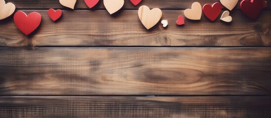 Poster - Romantic arrangement of red and pink heart cutouts on dark wooden background creating a cozy atmosphere with ample copy space for text