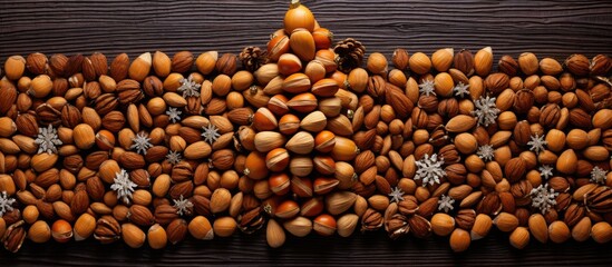 Poster - Top view of a Christmas tree crafted from assorted nuts and acorns on a dark wooden surface, with snowflake decorations and empty space for text