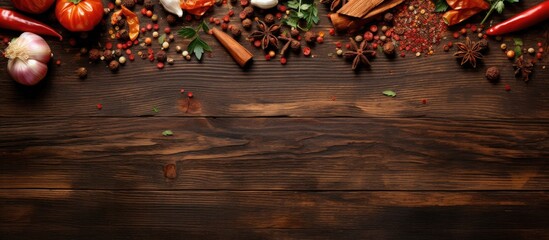 Poster - Wooden table from above featuring Mediterranean dried tomatoes garlic and spices with dark brown hues and vibrant reds positioned on the left side