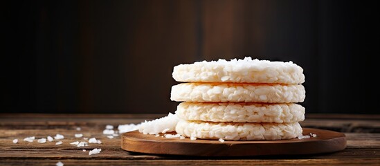 Poster - Gluten free rice cakes stacked on a dark wooden surface with textured background offering ample copy space for healthy diet text additions