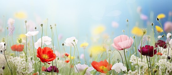 Poster - Vibrant spring floral background with colorful wildflowers in shades of red, pink, white, and yellow against a soft blue sky, ideal for copy space.