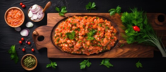 Poster - Salmon tartare displayed on a dark wooden cutting board surrounded by fresh herbs and ingredients including onions and cherry tomatoes.