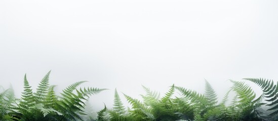 Poster - Serene dew-covered ferns in vibrant green at the bottom on a clean white backdrop creating ample captivating copy space above