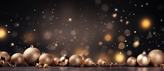 Poster - Elegant festive background with gold ornaments, sparkling bokeh lights, and ample copy space for Christmas themes, dark gradient backdrop.
