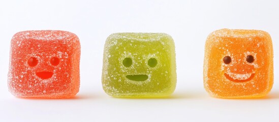 Poster - Colorful gummy candies with smiling faces, featuring red, green, and orange cubes, isolated on a clean white background for vibrant showcasing.