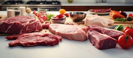 Aufkleber - Raw meats laid out on a kitchen countertop with vegetables and condiments, featuring red tones of beef and pink hues of pork against a clean white background.