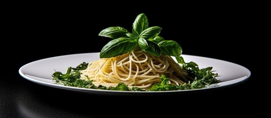 Poster - Spaghetti on a white plate with fresh mint leaves, surrounded by green garnish, featured against a black background for high contrast appeal.