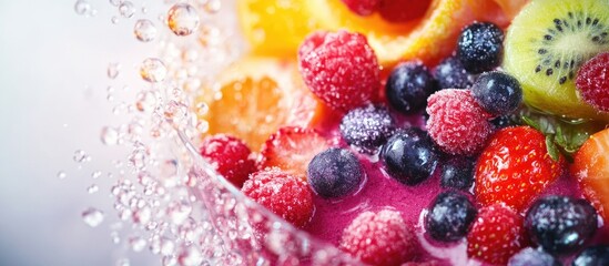 Poster - Vibrant close-up of assorted fresh fruits including raspberries, blueberries, and kiwi in a bowl with droplets of water creating an appetizing scene