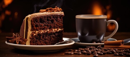 Poster - Rich chocolate cake slice on a white plate beside a steaming black coffee cup with cinnamon and coffee beans, warm blurred background in brown tones