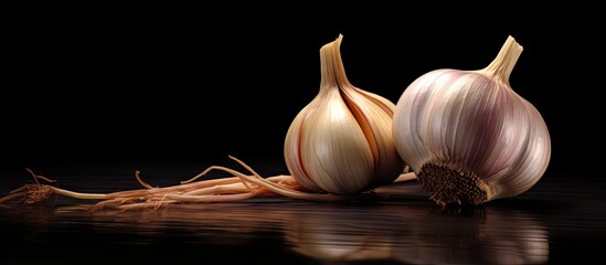 Poster - Close up of garlic bulbs with a glossy surface on a dark reflective background showcasing textures and shapes, ideal for culinary themes