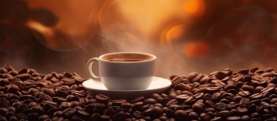 Poster - Cup of steaming coffee on a mound of dark roasted beans with warm orange background highlighting rich textures and creating inviting atmosphere
