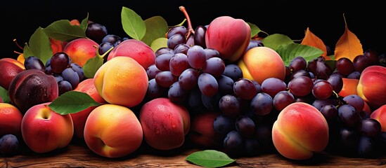 Poster - Vibrant arrangement of purple plums and pink peaches surrounded by green leaves on a dark background showcasing autumn colors and rich textures.