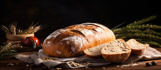 Poster - Freshly baked golden-brown homemade bread on a rustic wooden board with sliced pieces, surrounded by wheat stalks against a dark background.