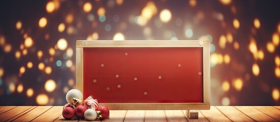Poster - Festive red board with golden bokeh lights in background, wooden table below, ornaments at the base for Merry Christmas sale promotion.