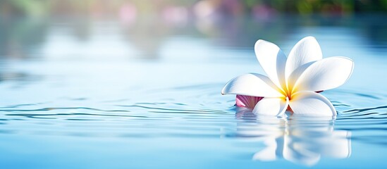 Aufkleber - Serene summer scene featuring a white Plumeria flower with yellow center floating on a tranquil clear blue swimming pool surface illuminated by gentle light