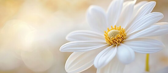 Aufkleber - Elegant white flower with yellow center positioned right center against a soft pastel blurred background highlighting its natural beauty.